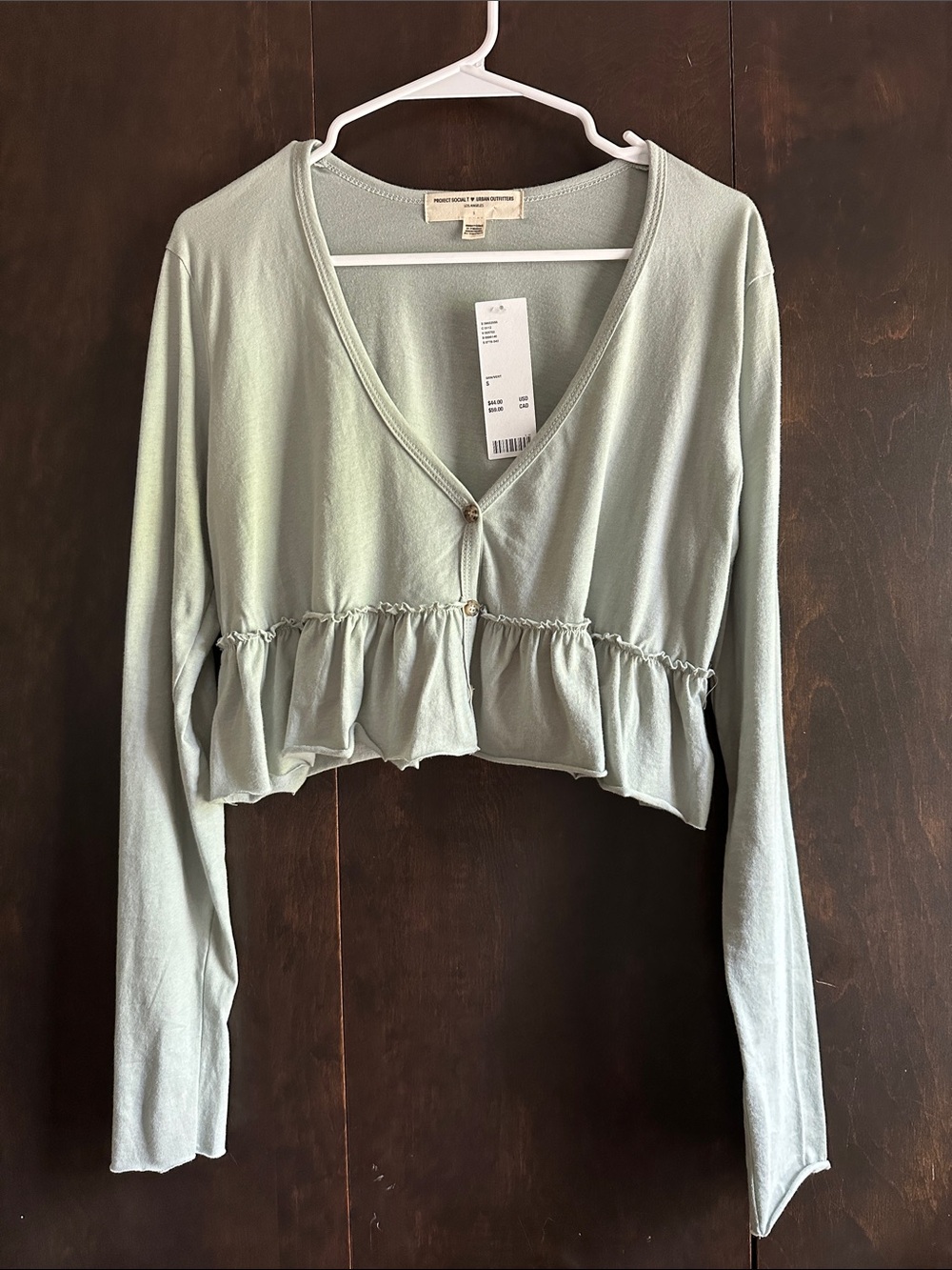 Project Social T Light Sage Cropped Ruffle-Hem Cardigan